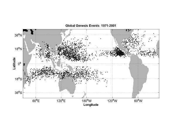 Figure 14.1: Origin points of tropical cyclones
