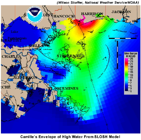 Figure 26.2: Storm surge during Hurricane Camille, estimated using a computer model