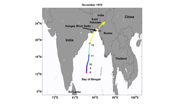 Figure 28.1: Track of the Great Cyclone of November, 1970
